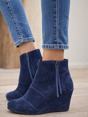 TOMS Blue Suede Wedge Ankle Boots Side Zip Boho Casual Comfort Shoes NWOT